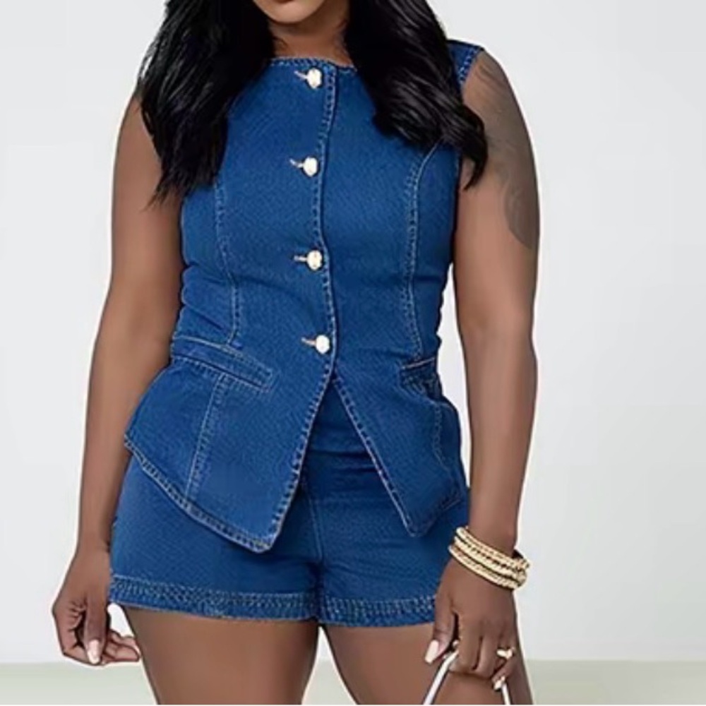 refuge Blue Denim Sleeveless Peplum Romper